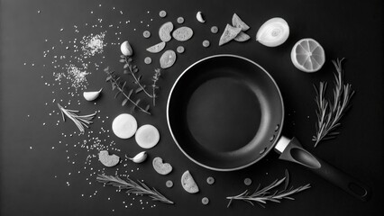 A black and white photo of a pan with various ingredients on it