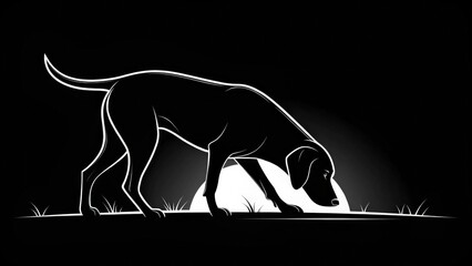 A black and white dog is sniffing the ground