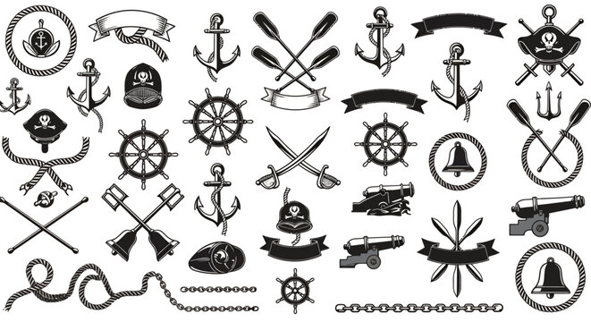A comprehensive collection of vintage nautical and pirate-themed vector icons, perfect for maritime adventures, treasure maps, and classic seafaring designs.