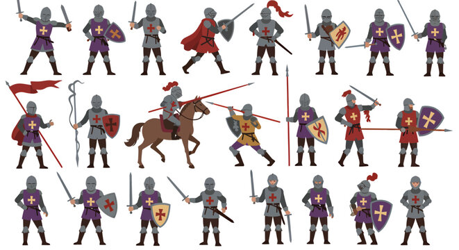 Extensive Collection of Medieval Knight Characters: Armored Warriors with Diverse Weapons, Shields, and Horseback Poses Vector Set