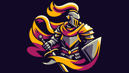 Valiant Medieval Knight Warrior Mascot: Armored Figure with Sword, Shield, and Dynamic Flowing Elements on Dark Background Vector