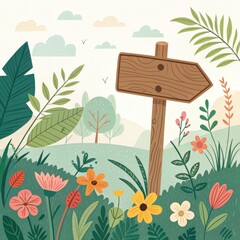 A signpost is shown in a lush green field with a variety of flowers