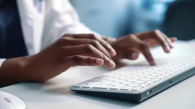 Person typing on keyboard close up work environment technology concept