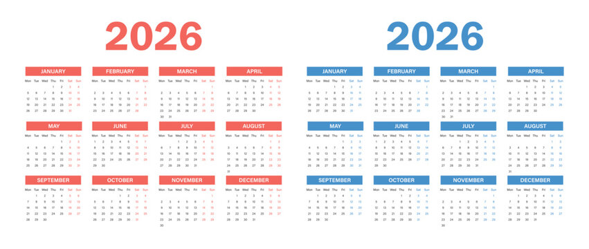 Calendar 2026 red and blue color. Planner 2026 year, schedule month calendar.