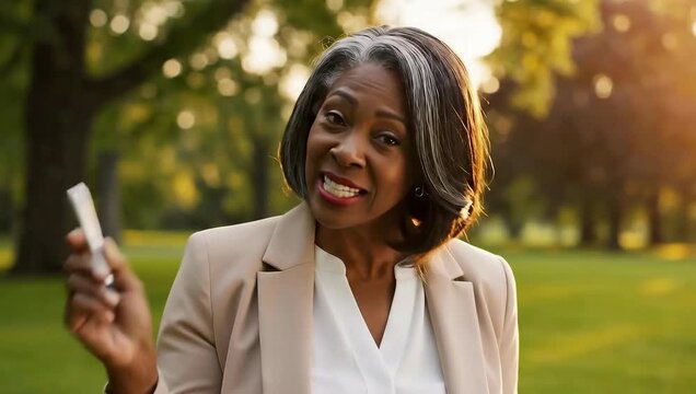Mature Black Woman Holding Covid-19 Test, Outdoors, Positive Result