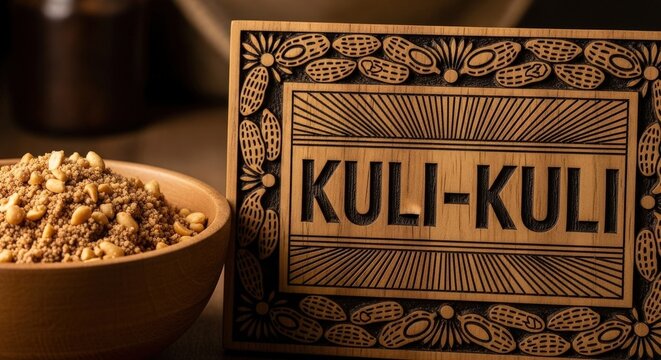 Bowl of Kuli-Kuli with Peanut Flecks &ndash; Iroko Wood Plaque, Peanut Pod & Sunburst Motifs