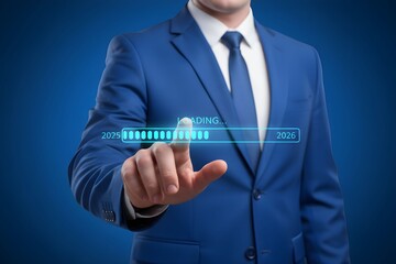 Businessman pushing a service button on a virtual touchscreen interface for business success and communication