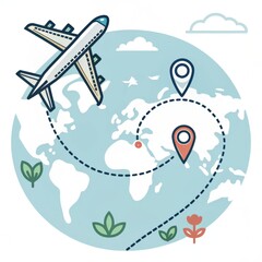 A plane is flying over the world with two small dots on the map