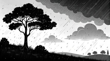 A tree is silhouetted against a dark sky with rain falling