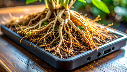 Rooted in Technology: A bonsai tree, with its intricate network of roots, sprouts from a repurposed smartphone, symbolizing the intersection of nature and technology.