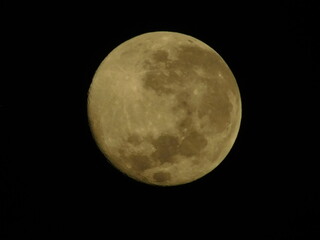 Detailed close-up view of a yellow waxing crescent moon with visible craters against a dark black sky