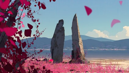 Two tall stones stand amidst vibrant pink flora and falling petals.
