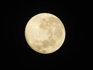Detailed close-up view of a yellow waxing crescent moon with visible craters against a dark black sky