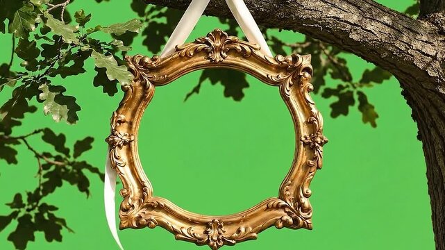 Ornate vintage empty picture frame hanging from a tree branch decorative element for design isolated on green screen.