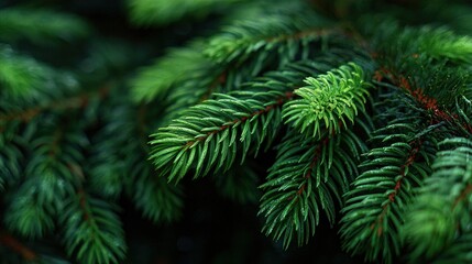 Fototapeta premium Close-up of lush green pine tree branches, showcasing vibrant needles and a rich texture, evoking a serene and natural atmosphere.