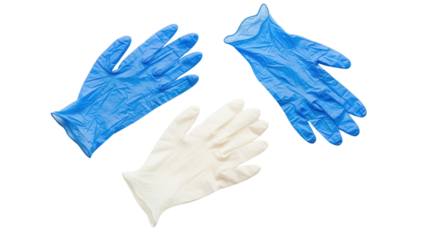 Three disposable medical gloves blue and white on black background image, Isolated On Png Transparent Background