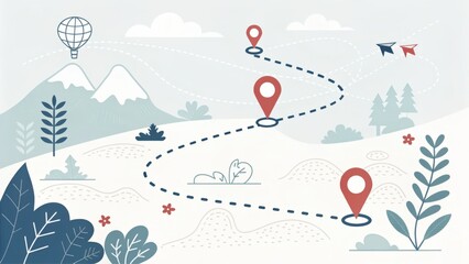 A mountain range is shown with a red and white dotted line that indicates a path