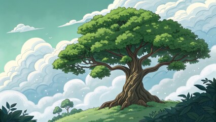 A large tree is the main focus of this image, which is a drawing of a forest