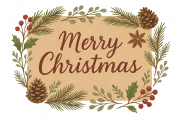 Merry christmas lettering on a vintage style paper texture, framed by decorative watercolor elements on a transparent background
