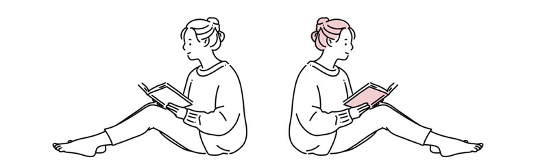 シンプル線画　のんびりと読書をしている女性　塗りあり・なし