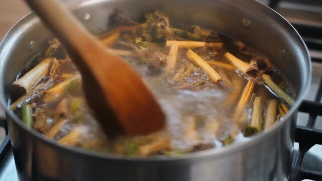 A wooden spoon stirs a simmering herbal concoction with various plant materials in a stainless steel pot on a stove.