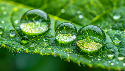 Water droplets on Green Leaf: Capturing the intricate details of nature, three glistening water droplets rest delicately upon a vibrant green leaf, reflecting the subtle beauty of the natural world.