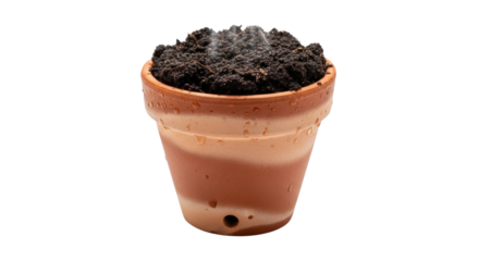 Terracotta pot filled with dark soil with moisture droplets and steam clay dirt, Isolated On Png Transparent Background