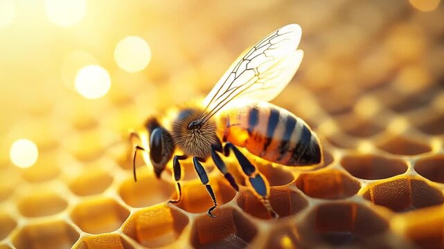 Close-up of a bee on honeycomb at sunset