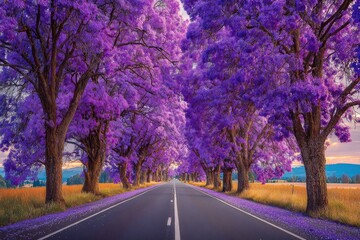 Fototapeta premium Road lined with blooming purple trees under a soft sky.