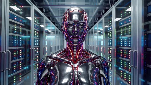 futuristic android figure in glowing server room digital portrait | science fiction, technology, artificial intelligence, futurism, digital art theme
