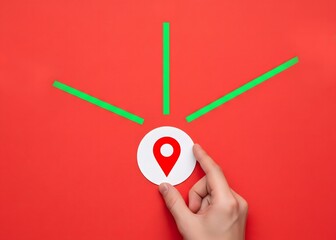 Hand with geolocation icon and new directions for next destinations. Navigation, exploring new destinations adn planning travel routes. GPS services and mapping travel guidance.