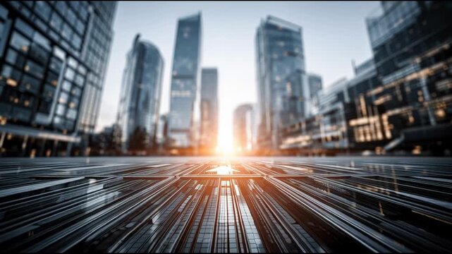 Majestic cityscape with skyscrapers against a backdrop of a clear sky illustrating corporate digital transformation roadmap. Urban Arrow Pathway Toward Transformation &ndash; Animated Video Version