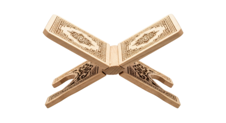 Ornate wooden book stand with intricate geometric patterns on black bookstand, Isolated On Png Transparent Background