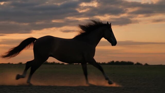 Running horses in dramatic sunset light, mp4 video. AI