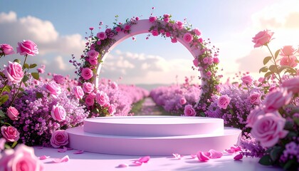 Podium background flower rose product pink 3d spring table beauty stand display nature white. Garden rose floral summer background podium cosmetic valentine easter field scene gift purple day romantic