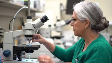 Scientist in laboratory analyzing sample with microscope in research setting - Powered by Adobe