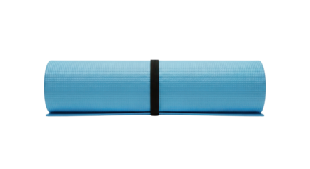 Rolled blue yoga mat with black strap on black background image, Isolated On Png Transparent Background