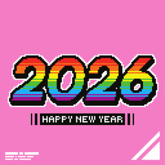 Rainbow Gradient 2026 Bold Number Art with 'Happy New Year' in Black Bar at Bottom, Pink Backdrop, Pixel Art Style Banner