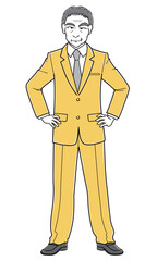 ニヤニヤしながら腰に手をあてて立つスーツの中男男性（シンプル）