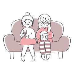 ソファーで映画鑑賞をする女性たちのかわいいイラスト