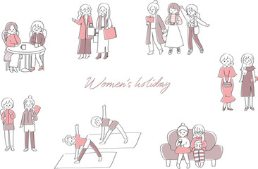 休暇に趣味を楽しむ女性たちのかわいいイラストセット