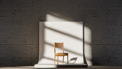 Minimalist 3D studio with wooden chair on curved white backdrop and concrete wall. Ideal for product display, branding mockups, and modern design with dramatic natural shadows.