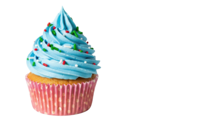 Single blue frosted cupcake with red green white sprinkles in pink polka dot wrapper frosting, Isolated On Png Transparent Background