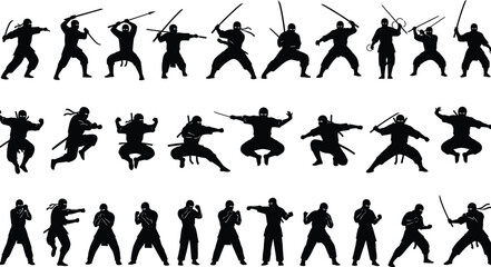 Black Silhouette Grid of Many Commercial Airliners and Passenger Jet Airplanes, Set of Various Takeoff and Landing Poses for Global Travel and Aviation Industry Concepts