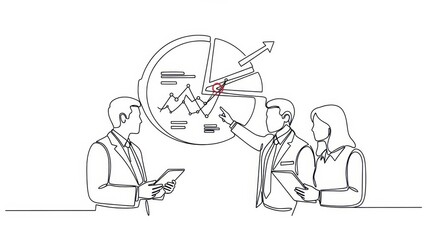 Dynamic business team analysing financial data represented as a continuous line illustration