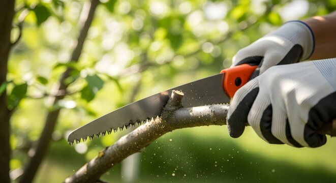 Close-up of a hand sawing a small branch from a tree with a pruning saw in a sunny garden, representing a growth and maintenance concept