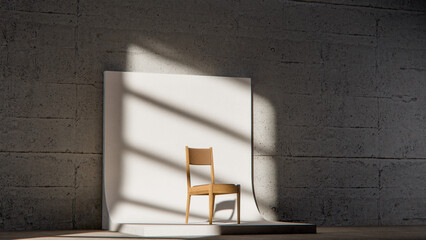 Minimalist 3D studio with wooden chair on curved white backdrop and concrete wall. Ideal for product display, branding mockups, and modern design with dramatic natural shadows.