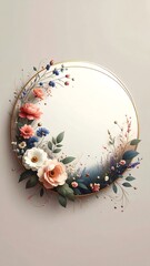 Naklejka premium Floral wreath circle frame with pink, blue, & white flowers on a neutral background