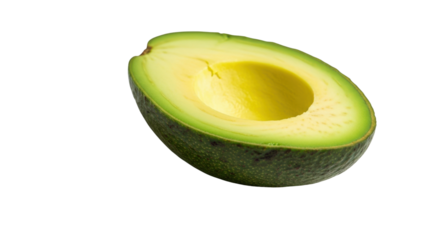 Half avocado with bright yellow flesh and green skin on black background fruit, Isolated On Png Transparent Background
