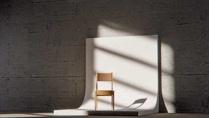 Minimalist 3D studio with wooden chair on curved white backdrop and concrete wall. Ideal for product display, branding mockups, and modern design with dramatic natural shadows.